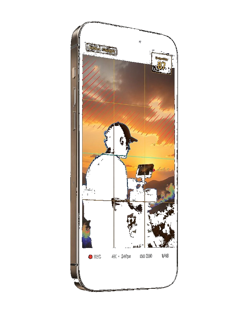 CinePro camera app on iPhone showing AI composition score, rule-of-thirds grid, and zebra stripe exposure overlay